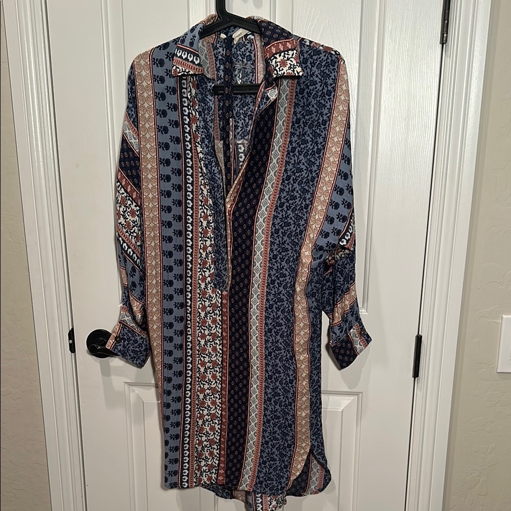 Striped Boho Floral Half-Button Dress with Waist Tie